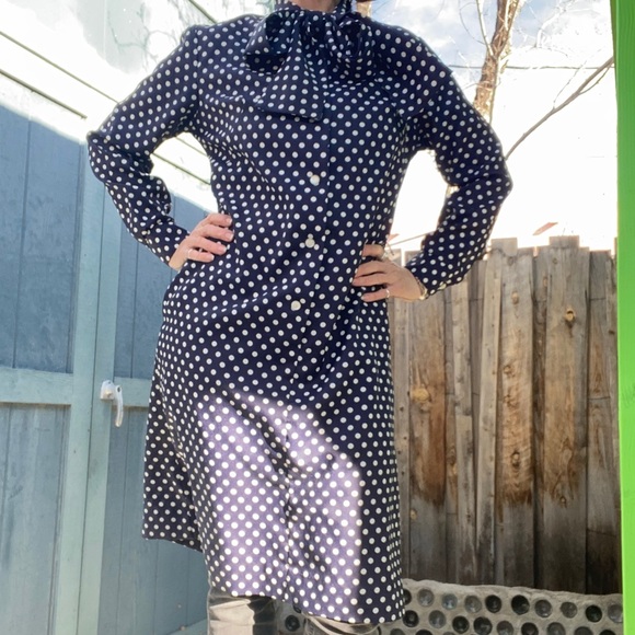 Vintage blue and white polka dot dress, long sleeve, bow at neck, buttons, M/L - Picture 1 of 13